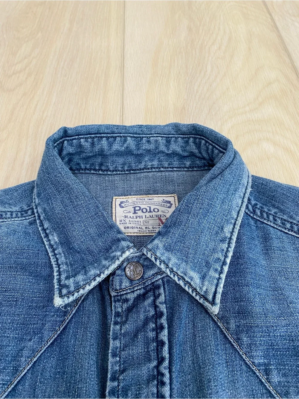 Ralph Lauren Distress Repair Western Shirt Denim Fade Blue Pearl Snap Polo